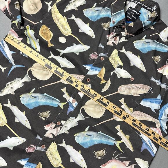 KAVU Shirt Men XXL Black Fish Marine Life Stretch Casual Outdoor AOP - Picture 3 of 11